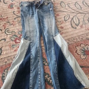 Womens Two-Tone Blue Panel Flare Jeans